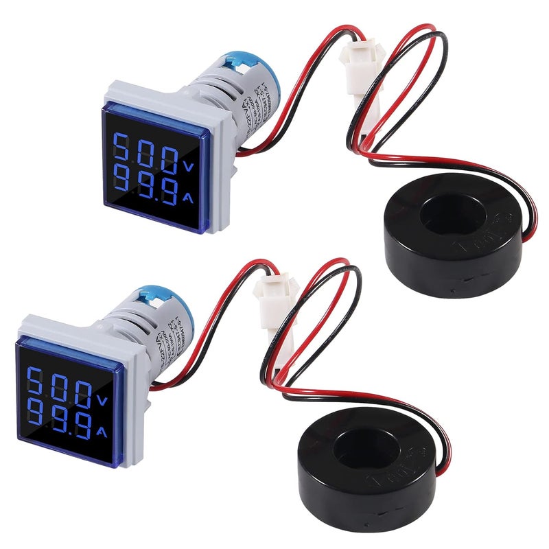 AiTrip 2Pack LED Display Voltmeter, Square Dual Display Voltmeter and Ammeter LED Digital Voltage Gauge AC 60-500V 0-100A Current Meter Indicator Blue - Image 1